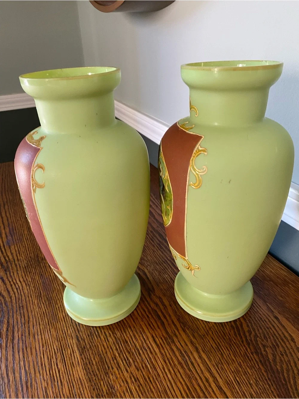 Early 20th Century French Mint Green Art Glass Vases Hand Painted Raised Gilt